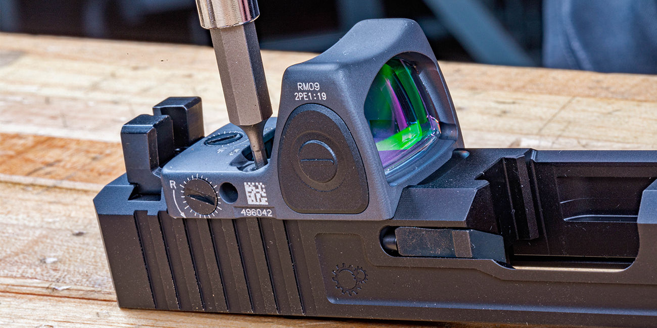 Installing a Trijicon RMR RM09 1moa LED Adjustable Micro Reflex on Primary Machine UCC V3 Glock 34 slide.