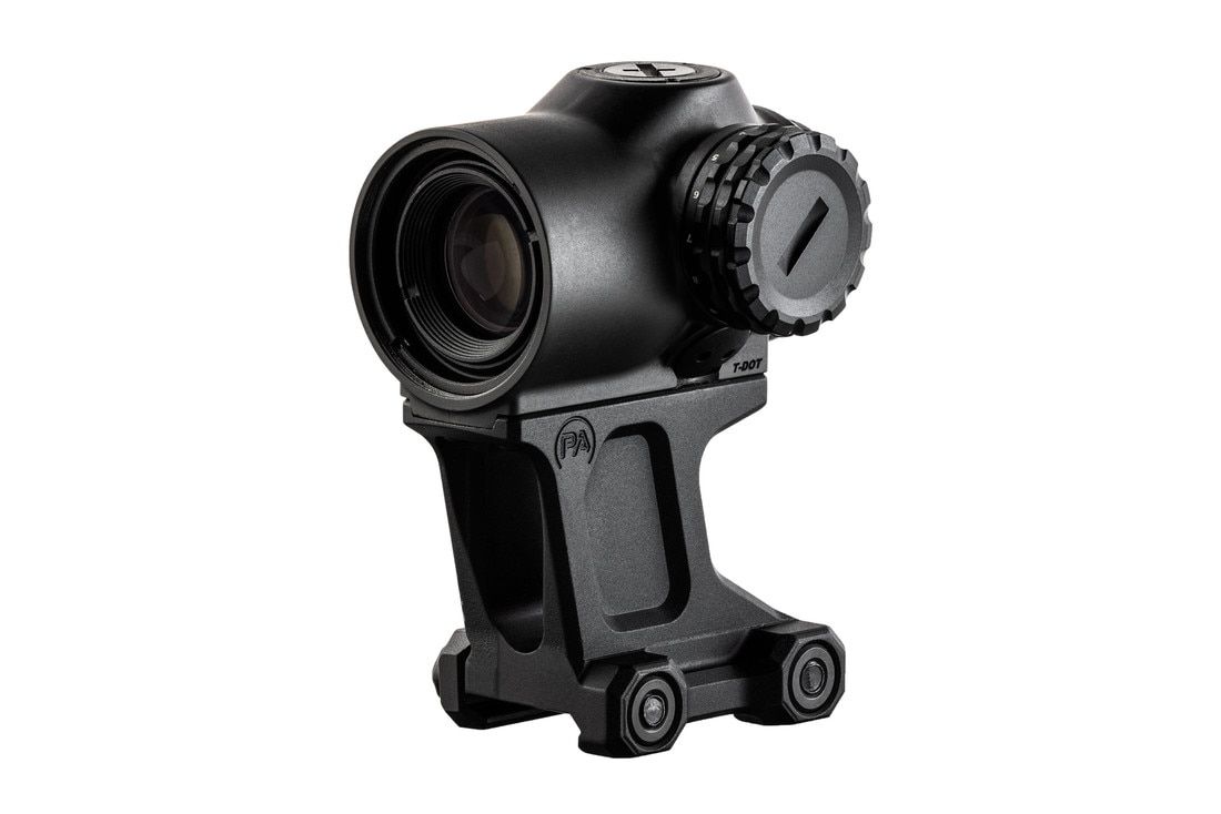 1x prism scope with RDB illuminated T-dot reticle, black.